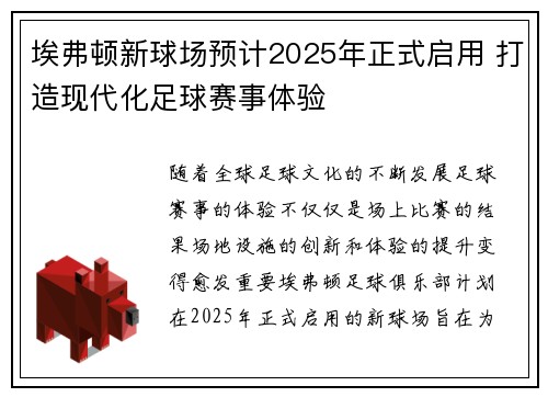 埃弗顿新球场预计2025年正式启用 打造现代化足球赛事体验