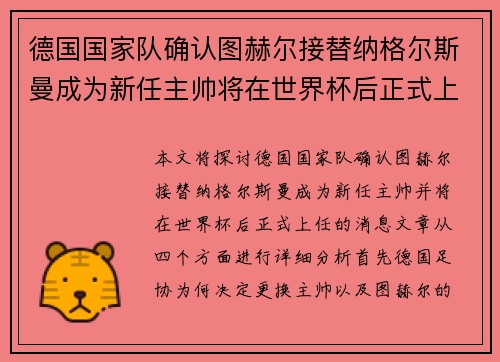 德国国家队确认图赫尔接替纳格尔斯曼成为新任主帅将在世界杯后正式上任